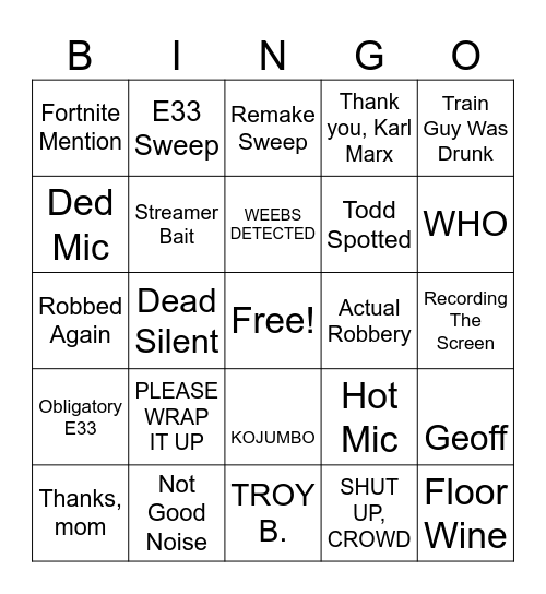 Golden Joysticks SH*TSHOW Bingo Card