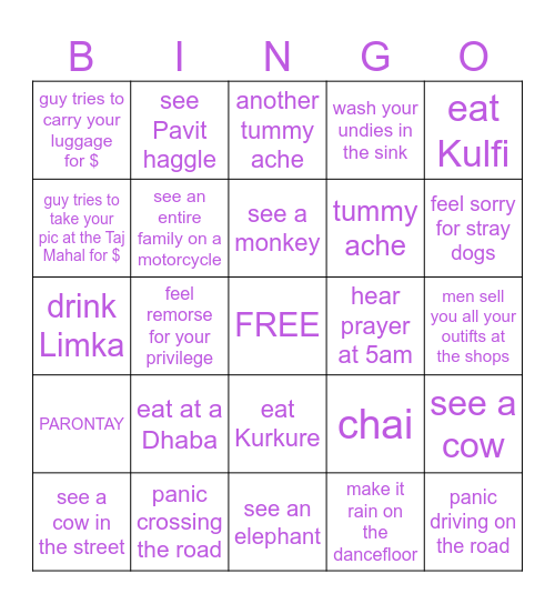 Mike's Firsts in India Bingo Card