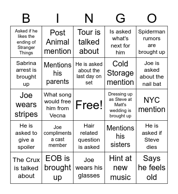 Joe Keery Press Junket Bingo Card