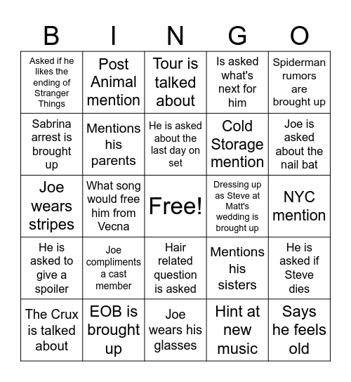 Joe Keery Press Junket Bingo Card