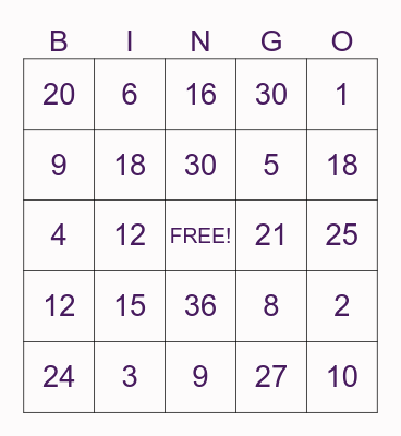 Multiplication Facts Bingo Card