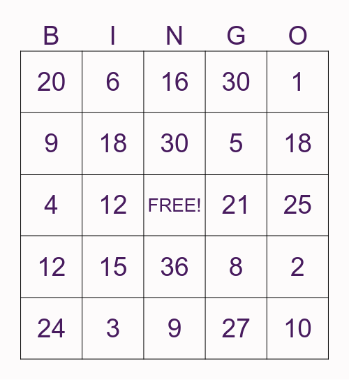 Multiplication Facts Bingo Card