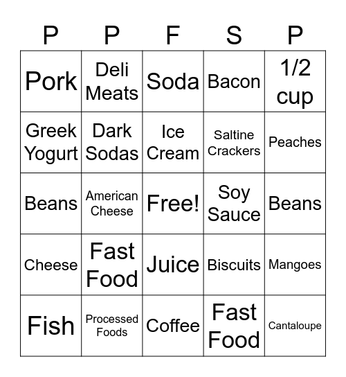 Dialysis Nutrition Bingo Card