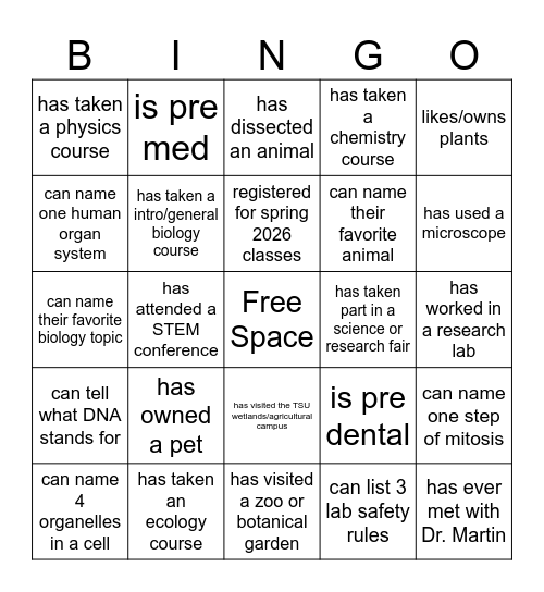 Biology Club Bingo! Find someone who... Bingo Card