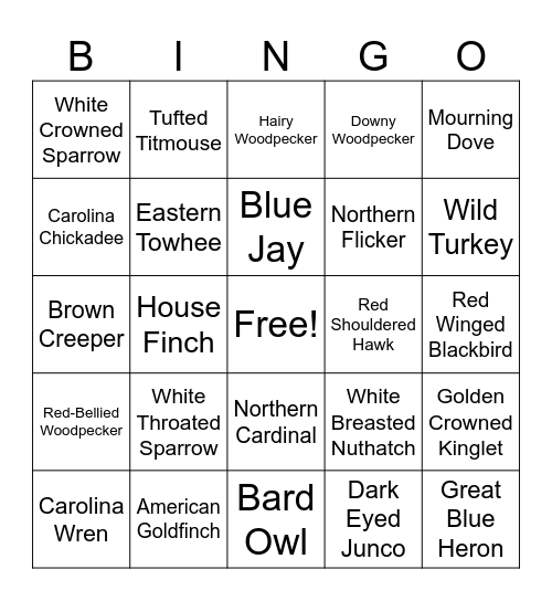 Tahlequah Bird Bingo Nov. - Jan. Bingo Card