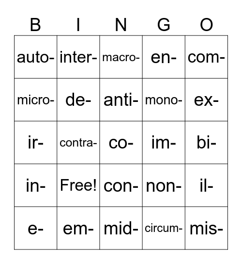 Prefixes Bingo Card