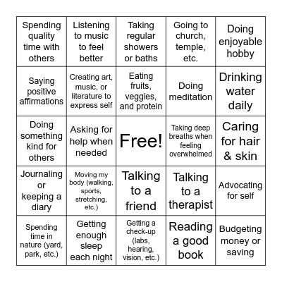 Self Care Bingo Card
