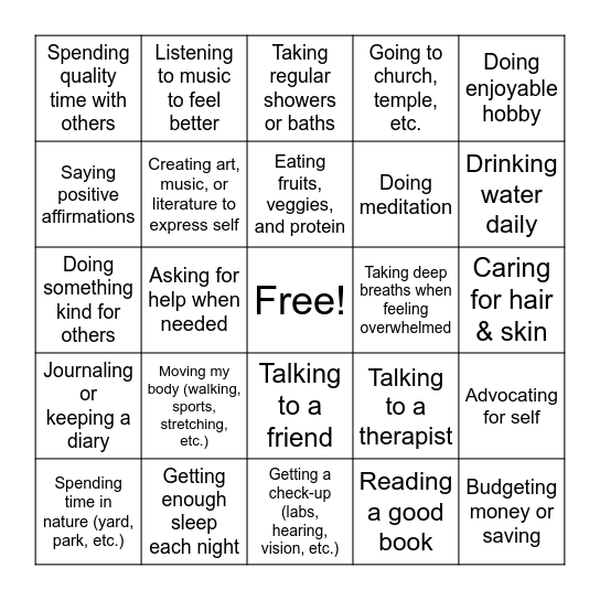 Self Care Bingo Card