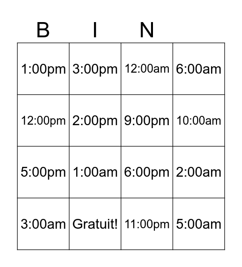 24 h + 12 h Bingo Card