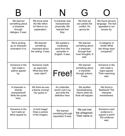Book Club Bingo Card
