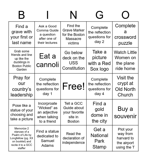 BOSTON BINGO Card