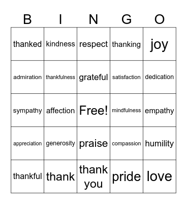 GRATITUDE BINGO Card