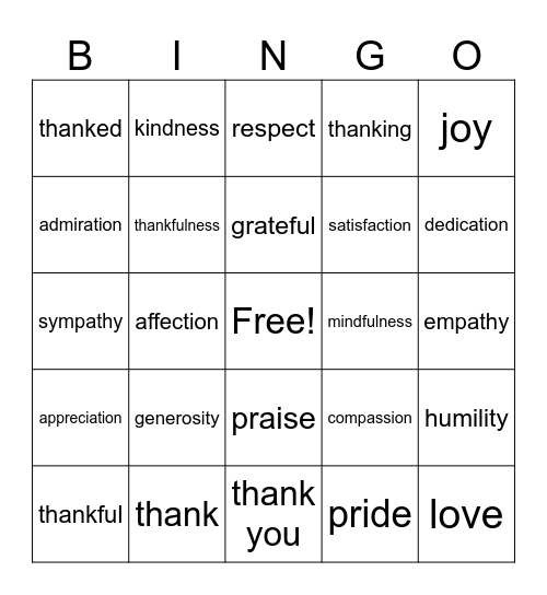 GRATITUDE BINGO Card