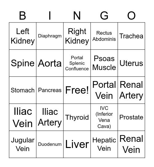 X-sectional Anatomy Bingo Card