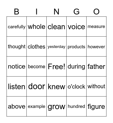 Third Grade Sight Words Bingo Card