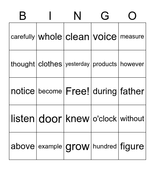 Third Grade Sight Words Bingo Card