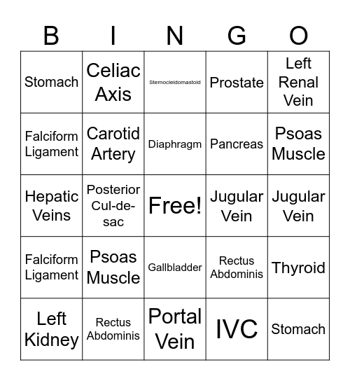 X-sectional Anatomy Bingo! Bingo Card