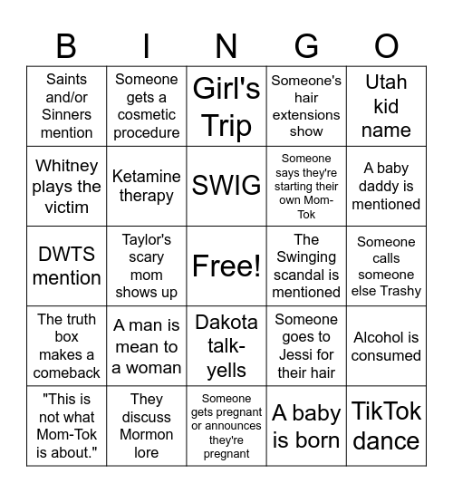 Secret Lives of Mormon Wives Bingo Card