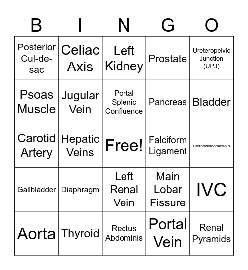 X-Sectional Anatomy Bingo Card