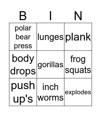 Exercise Bingo Card