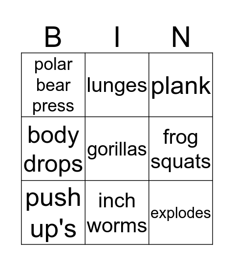 Exercise Bingo Card