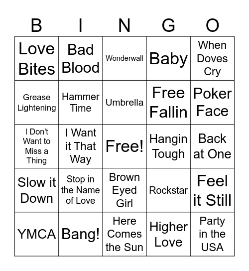 Name That Song Bingo Card