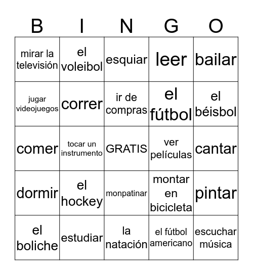 Los deportes y pasatiempos Bingo Card