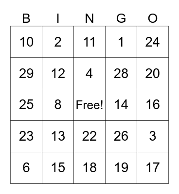 4th Grade Bingo Card