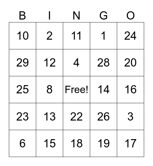 4th Grade Bingo Card