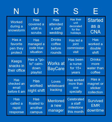 Nurse Manager Bingo Card