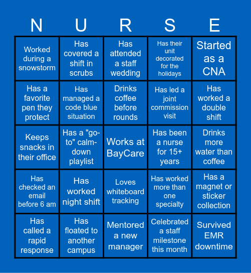 Nurse Manager Bingo Card