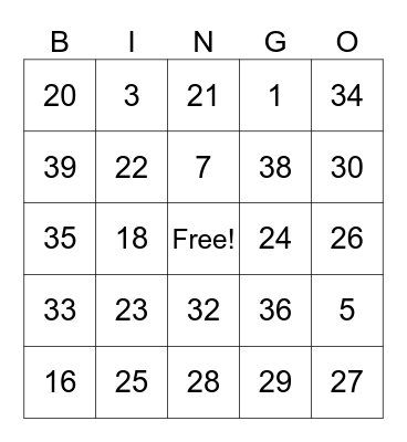 4th Grade Bingo Card