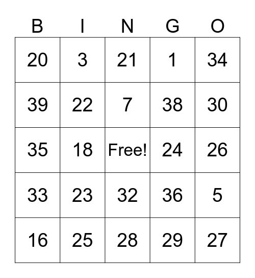 4th Grade Bingo Card