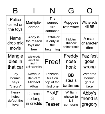FNAF 2 MOVIE BINGO Card