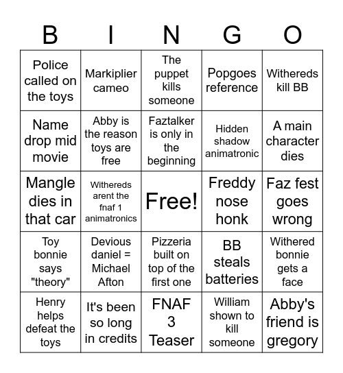FNAF 2 MOVIE BINGO Card