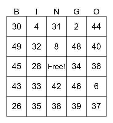 4th Grade Bingo Card