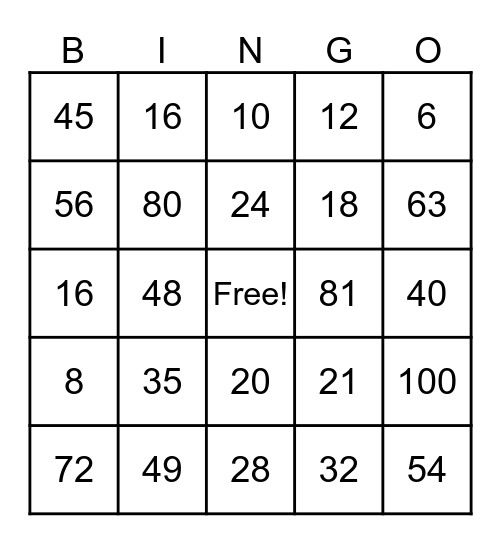 Multiplication Bingo! Bingo Card