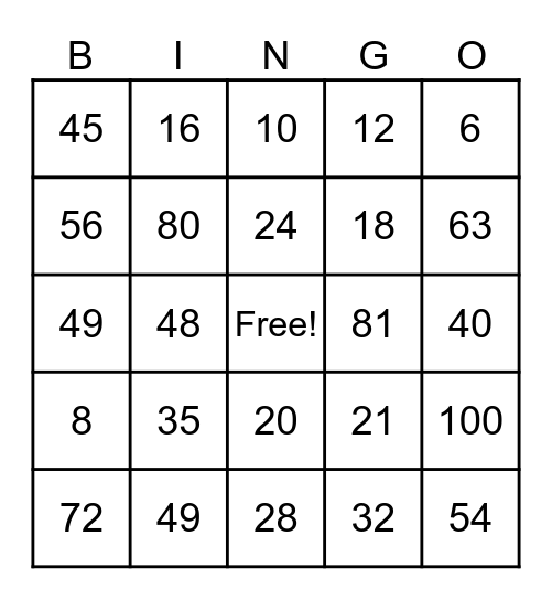 Multiplication Bingo! Bingo Card