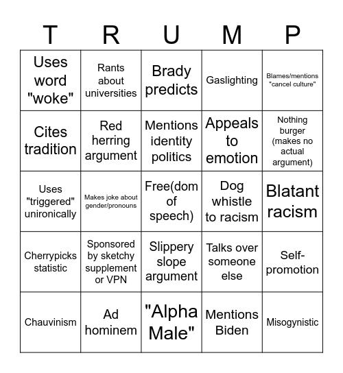 Conservative Commentator Bingo Card