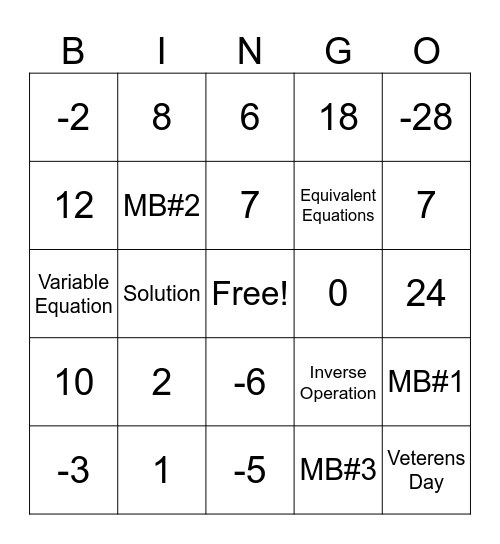 Math Bingo 11/6/25 Bingo Card