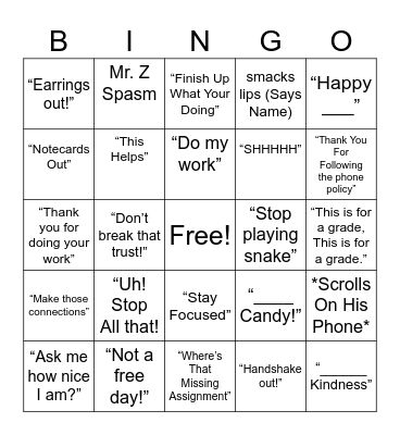 Mr. Z Bingo Card