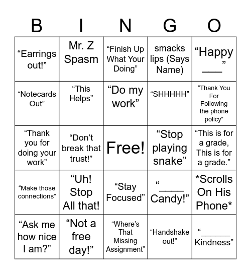 Mr. Z Bingo Card
