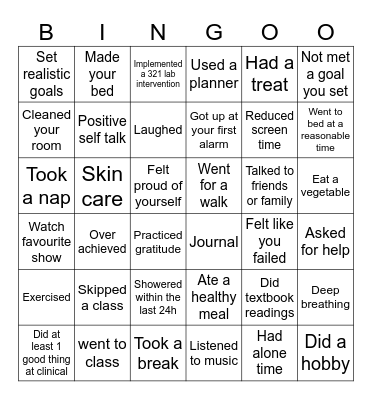 Nursing students self reflective bingo Card