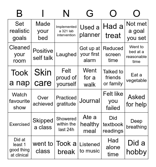Nursing students self reflective bingo Card