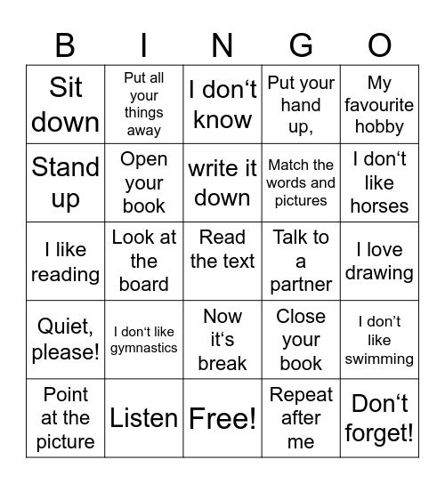 Classroom Language Bingo Card