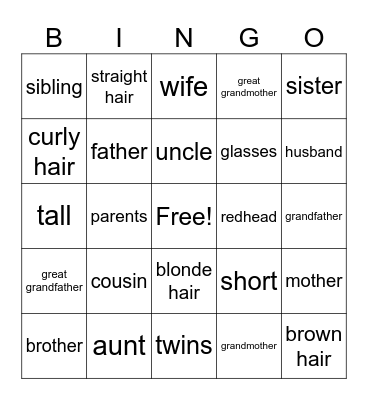 Family and Descriptions Bingo Card