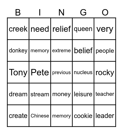 Long e: e, e-e, ee, ea, y., ei, ie, ey Bingo Card