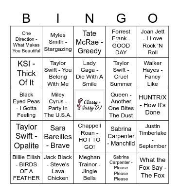 Kids Favs Bingo Card