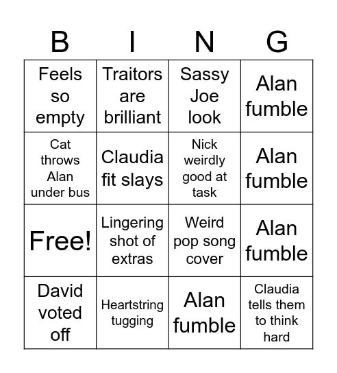 Traitors Bingo Card