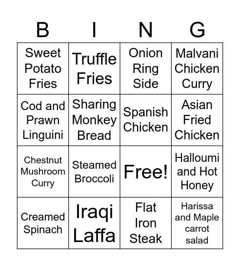 Dinner Bingo Card